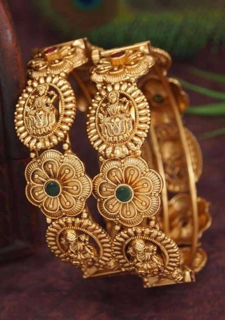 Set of 2 Gold-Plated Temple Stone Studded & Beaded Bangles for Women | Traditional Temple Jewellery for Wedding & Festive Wear | Gift for Her - Indya