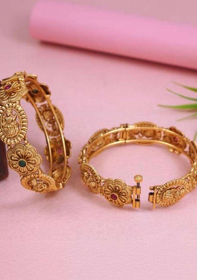 Set of 2 Gold-Plated Temple Stone Studded & Beaded Bangles for Women | Traditional Temple Jewellery for Wedding & Festive Wear | Gift for Her - Indya