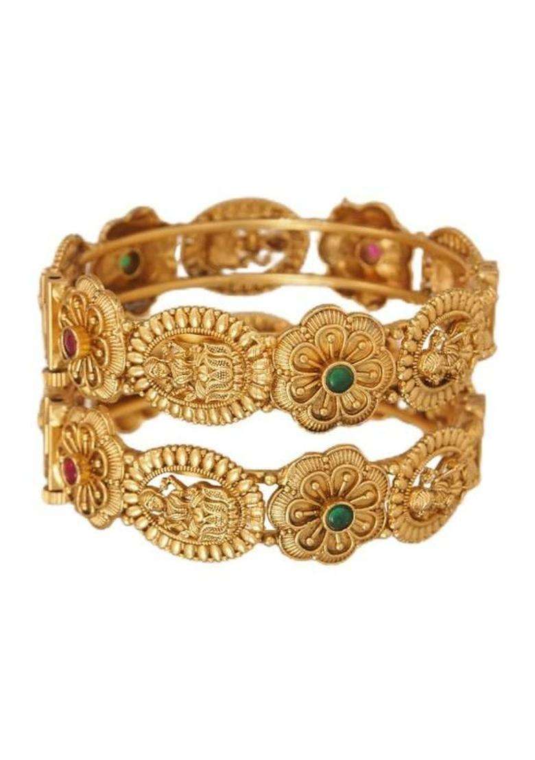Set of 2 Gold-Plated Temple Stone Studded & Beaded Bangles for Women | Traditional Temple Jewellery for Wedding & Festive Wear | Gift for Her - Indya