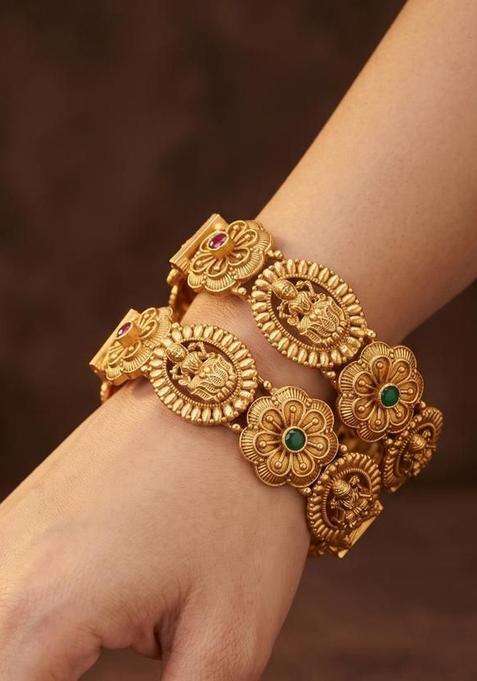 Set of 2 Gold-Plated Temple Stone Studded & Beaded Bangles for Women | Traditional Temple Jewellery for Wedding & Festive Wear | Gift for Her