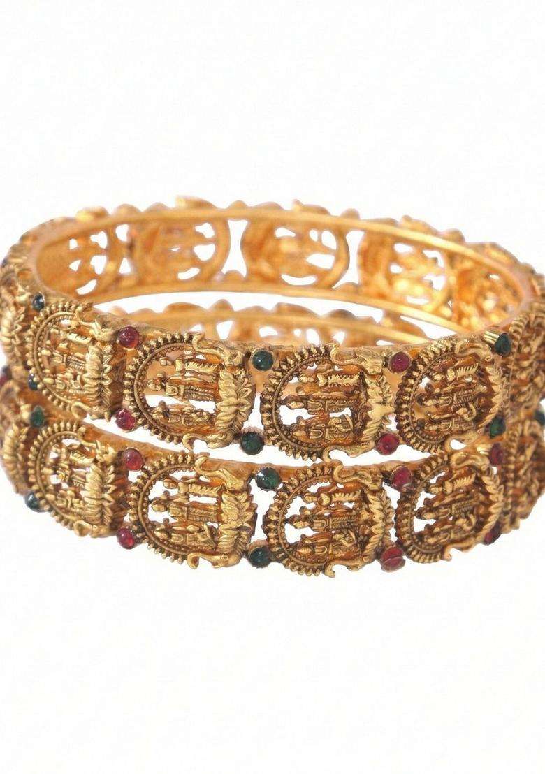 Set of 2 Gold-Plated Temple Stone Studded & Beaded Bangles for Women | Traditional Temple Jewellery for Wedding & Festive Wear | Gift for Her - Indya