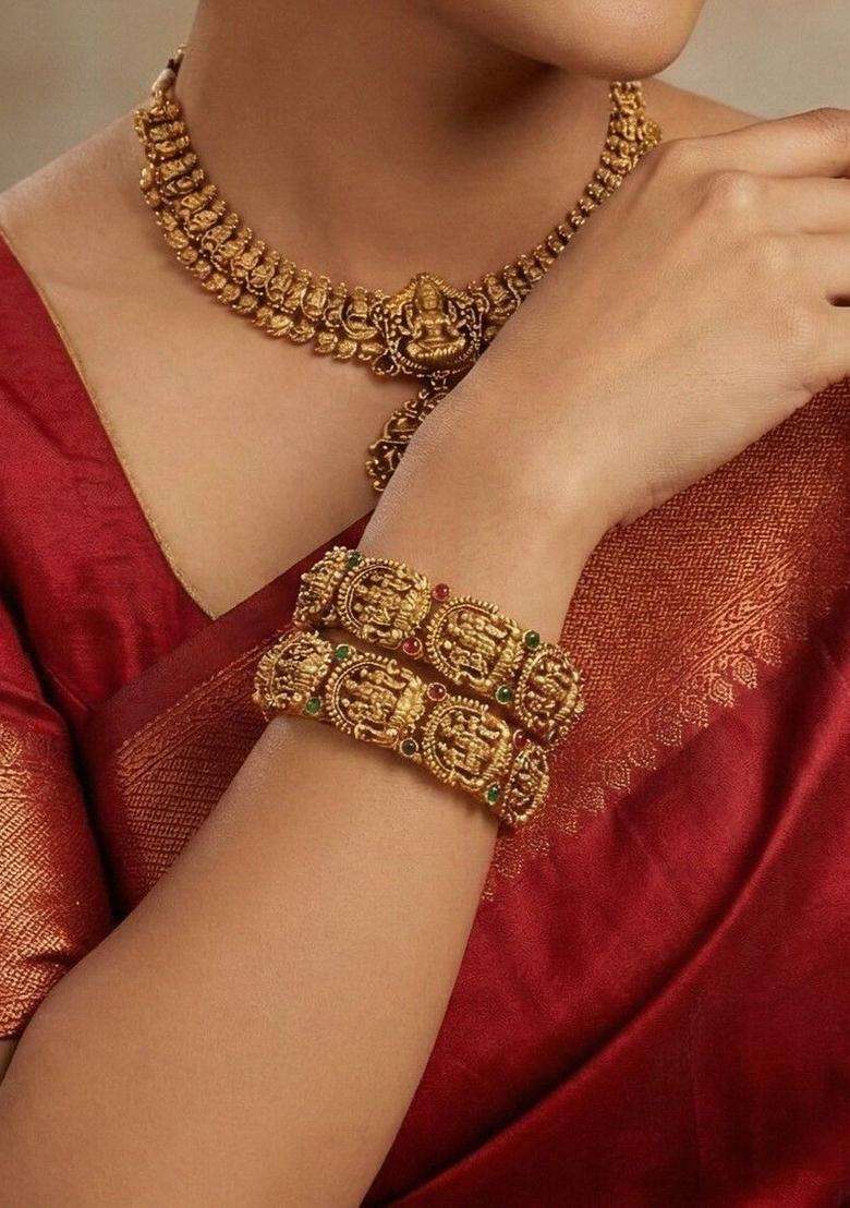 Set of 2 Gold-Plated Temple Stone Studded & Beaded Bangles for Women | Traditional Temple Jewellery for Wedding & Festive Wear | Gift for Her - Indya