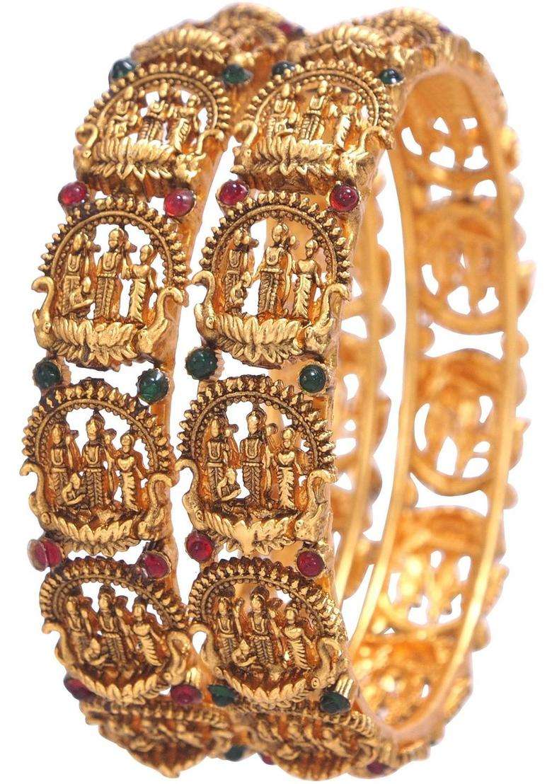 Set of 2 Gold-Plated Temple Stone Studded & Beaded Bangles for Women | Traditional Temple Jewellery for Wedding & Festive Wear | Gift for Her - Indya