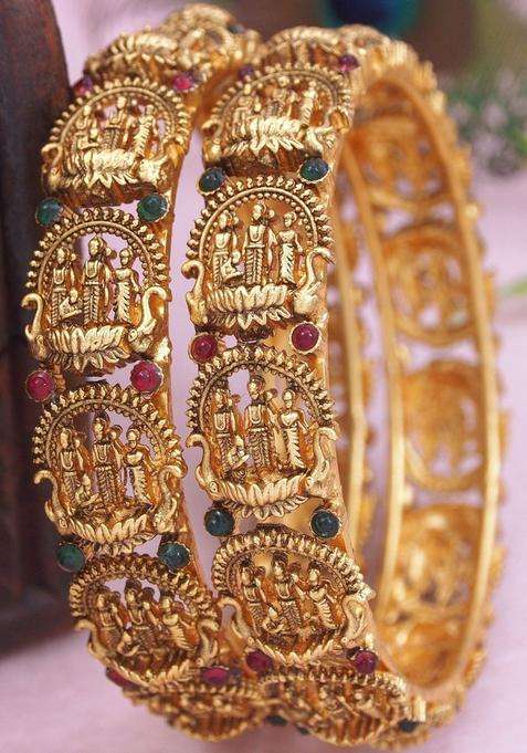 Set of 2 Gold-Plated Temple Stone Studded & Beaded Bangles for Women | Traditional Temple Jewellery for Wedding & Festive Wear | Gift for Her