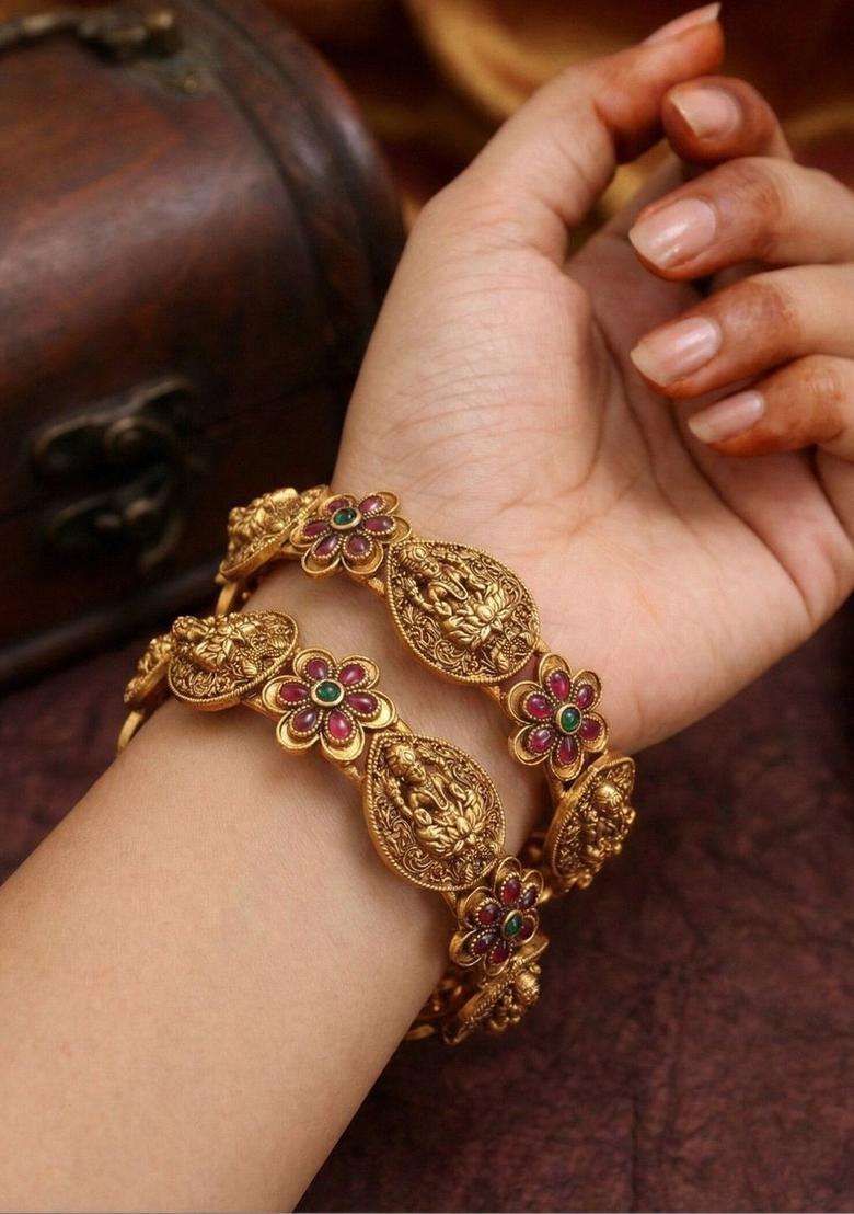 Set of 2 Gold-Plated Artificial Stones Studded Temple Bangles for Women | Traditional Temple Jewellery for Wedding & Festive Wear | Gift for Her - Indya