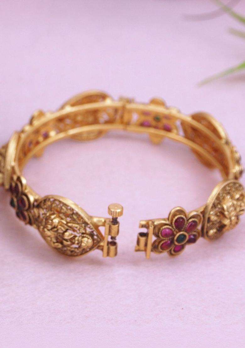 Set of 2 Gold-Plated Artificial Stones Studded Temple Bangles for Women | Traditional Temple Jewellery for Wedding & Festive Wear | Gift for Her - Indya