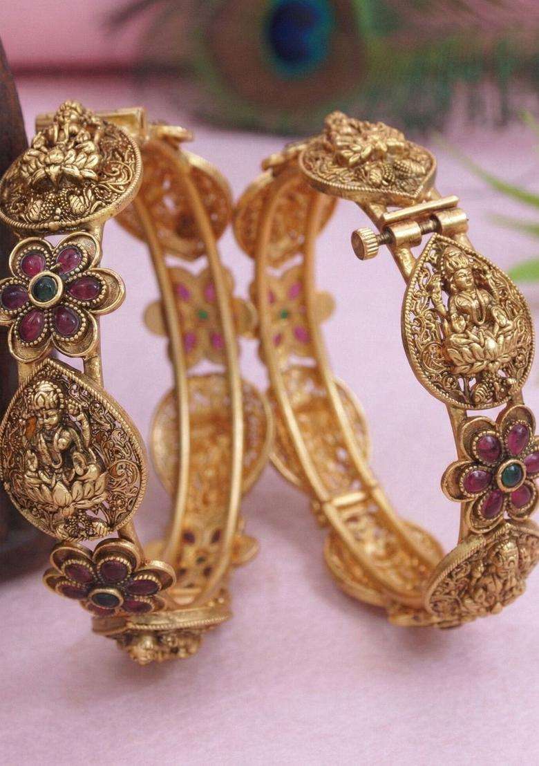 Set of 2 Gold-Plated Artificial Stones Studded Temple Bangles for Women | Traditional Temple Jewellery for Wedding & Festive Wear | Gift for Her - Indya