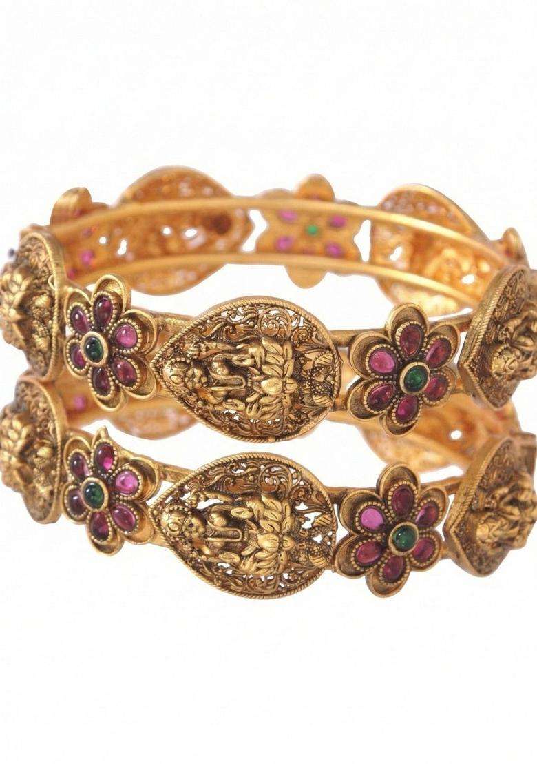 Set of 2 Gold-Plated Artificial Stones Studded Temple Bangles for Women | Traditional Temple Jewellery for Wedding & Festive Wear | Gift for Her - Indya