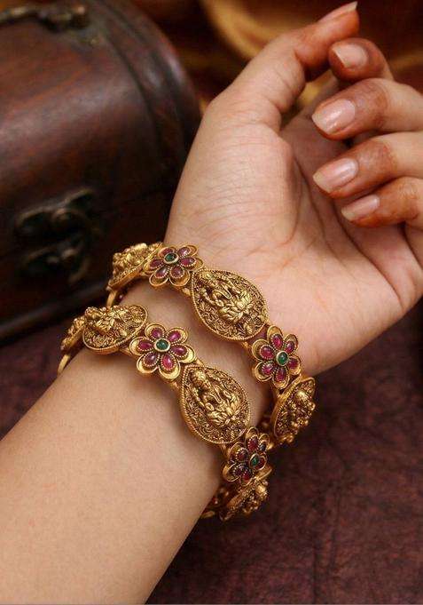 Set of 2 Gold-Plated Artificial Stones Studded Temple Bangles for Women | Traditional Temple Jewellery for Wedding & Festive Wear | Gift for Her