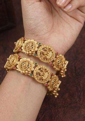 Set of 2 Gold-Plated Temple Stone Studded & Beaded Bangles for Women | Traditional Temple Jewellery for Wedding & Festive Wear | Gift for Her