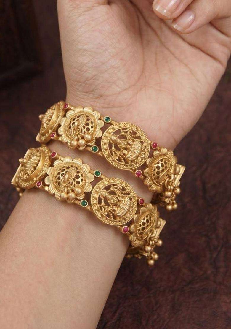 Set of 2 Gold-Plated Temple Stone Studded & Beaded Bangles for Women | Traditional Temple Jewellery for Wedding & Festive Wear | Gift for Her - Indya