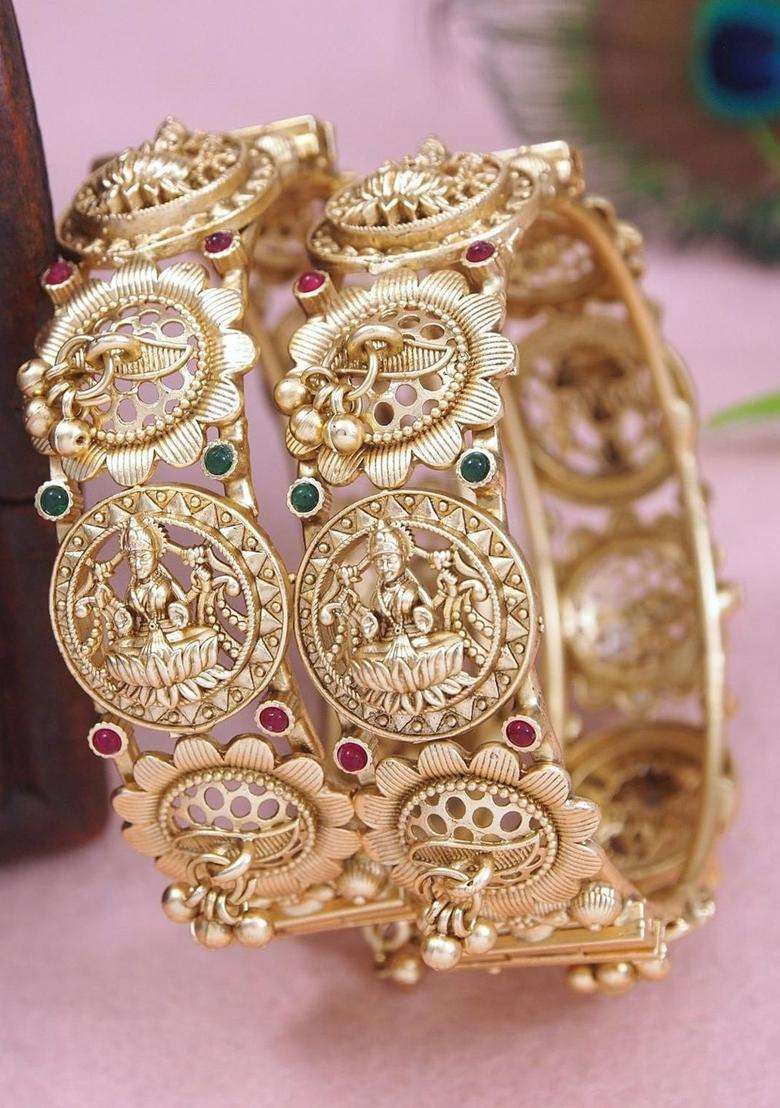 Set of 2 Gold-Plated Temple Stone Studded & Beaded Bangles for Women | Traditional Temple Jewellery for Wedding & Festive Wear | Gift for Her - Indya