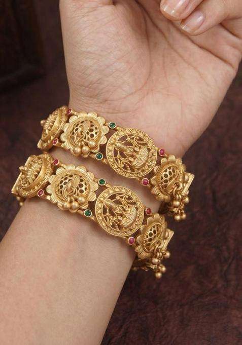 Set of 2 Gold-Plated Temple Stone Studded & Beaded Bangles for Women | Traditional Temple Jewellery for Wedding & Festive Wear | Gift for Her
