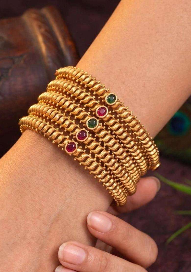 Gold-Plated Temple Stone Studded & Beaded Bangle for Women | Traditional Temple Jewellery for Wedding & Festive Wear | Gift for Her - Indya