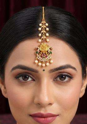 Gold-Plated Artificial Stones and Beads Studded Maang Tikka Head Jewellery for Women | Traditional Temple Jewellery for Wedding & Festive Wear | Gift for Her