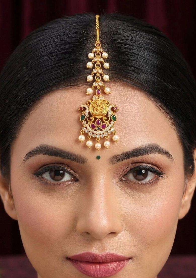 Gold-Plated Artificial Stones and Beads Studded Maang Tikka Head Jewellery for Women | Traditional Temple Jewellery for Wedding & Festive Wear | Gift for Her - Indya