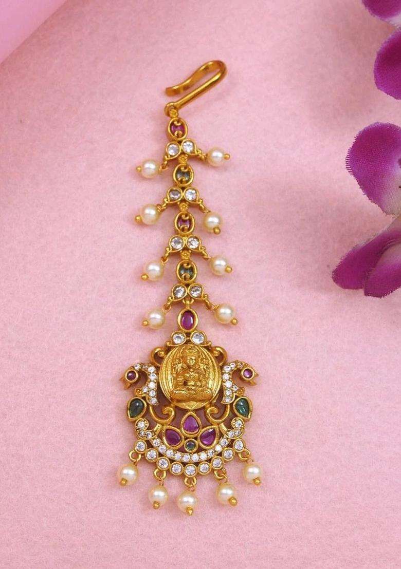 Gold-Plated Artificial Stones and Beads Studded Maang Tikka Head Jewellery for Women | Traditional Temple Jewellery for Wedding & Festive Wear | Gift for Her - Indya