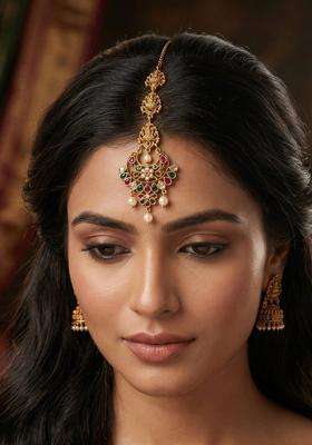 Gold-Plated Artificial Stones and Beads Studded Maang Tikka Head Jewellery for Women | Traditional Temple Jewellery for Wedding & Festive Wear | Gift for Her