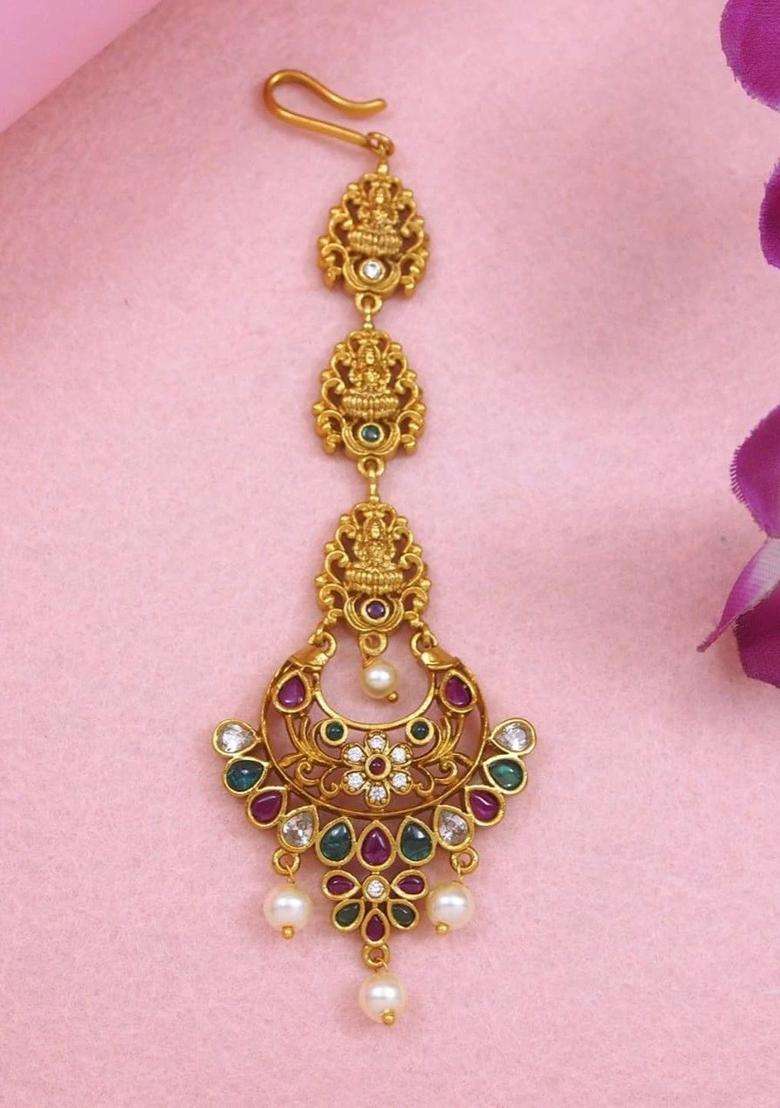 Gold-Plated Artificial Stones and Beads Studded Maang Tikka Head Jewellery for Women | Traditional Temple Jewellery for Wedding & Festive Wear | Gift for Her - Indya