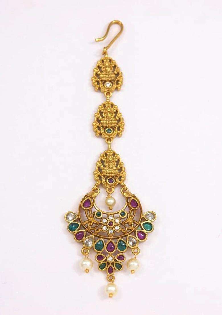 Gold-Plated Artificial Stones and Beads Studded Maang Tikka Head Jewellery for Women | Traditional Temple Jewellery for Wedding & Festive Wear | Gift for Her - Indya