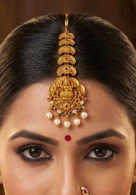 Gold-Plated Artificial Stones and Beads Studded Maang Tikka Head Jewellery for Women | Traditional Temple Jewellery for Wedding & Festive Wear | Gift for Her