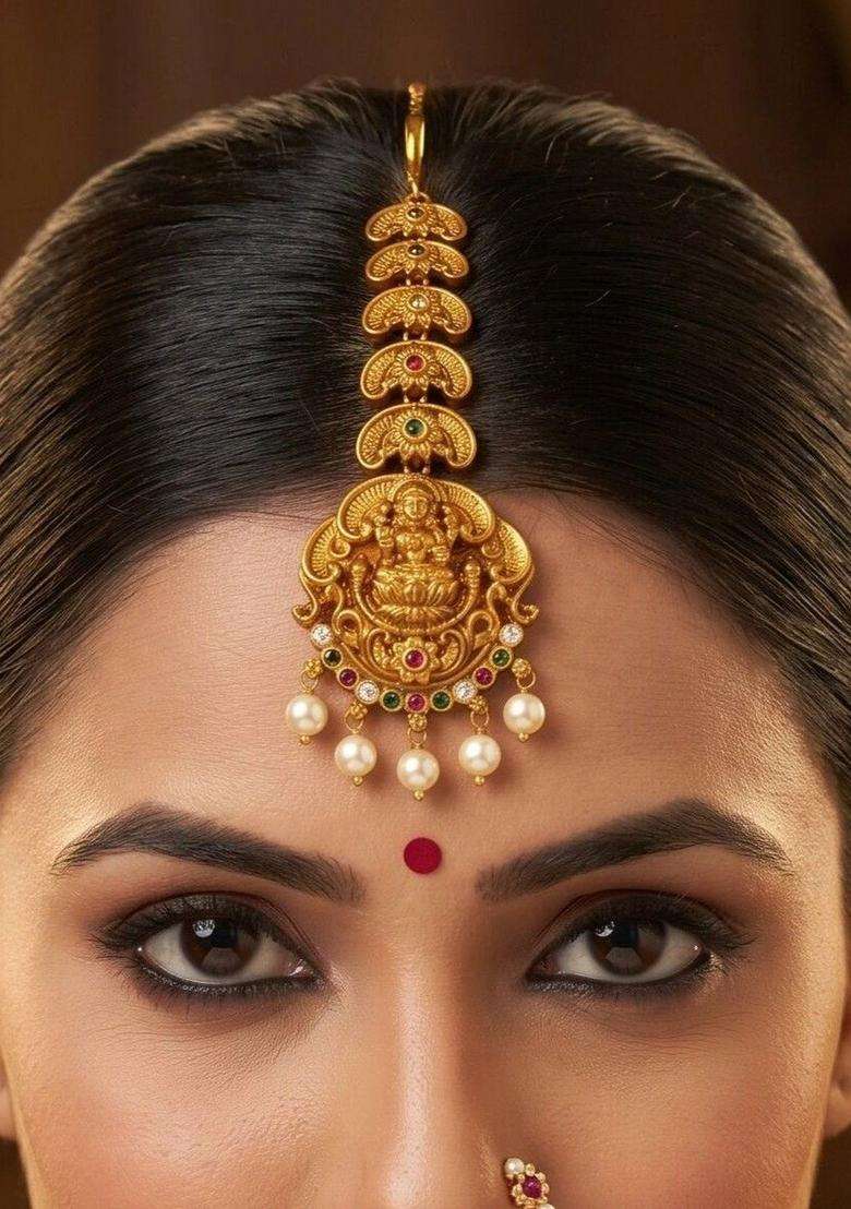 Gold-Plated Artificial Stones and Beads Studded Maang Tikka Head Jewellery for Women | Traditional Temple Jewellery for Wedding & Festive Wear | Gift for Her - Indya