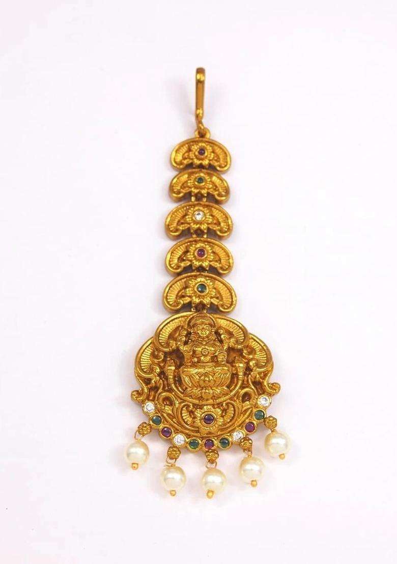 Gold-Plated Artificial Stones and Beads Studded Maang Tikka Head Jewellery for Women | Traditional Temple Jewellery for Wedding & Festive Wear | Gift for Her - Indya