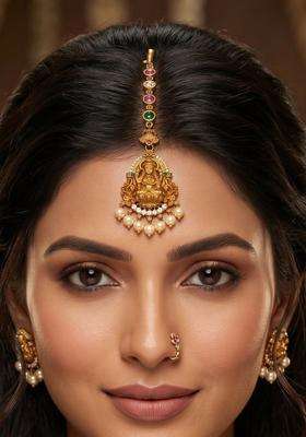 Gold-Plated Artificial Stones and Beads Studded Maang Tikka Head Jewellery for Women | Traditional Temple Jewellery for Wedding & Festive Wear | Gift for Her