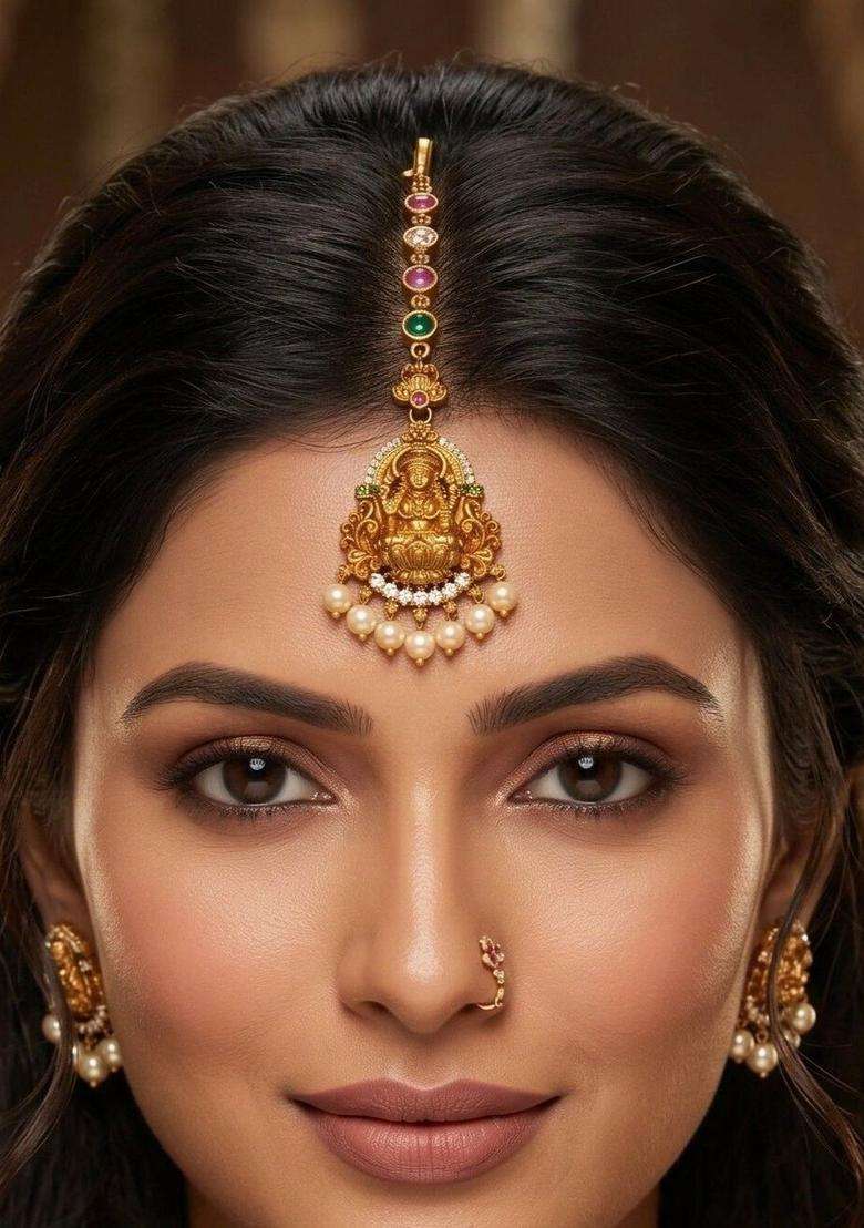 Gold-Plated Artificial Stones and Beads Studded Maang Tikka Head Jewellery for Women | Traditional Temple Jewellery for Wedding & Festive Wear | Gift for Her - Indya