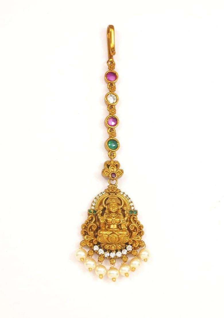 Gold-Plated Artificial Stones and Beads Studded Maang Tikka Head Jewellery for Women | Traditional Temple Jewellery for Wedding & Festive Wear | Gift for Her - Indya