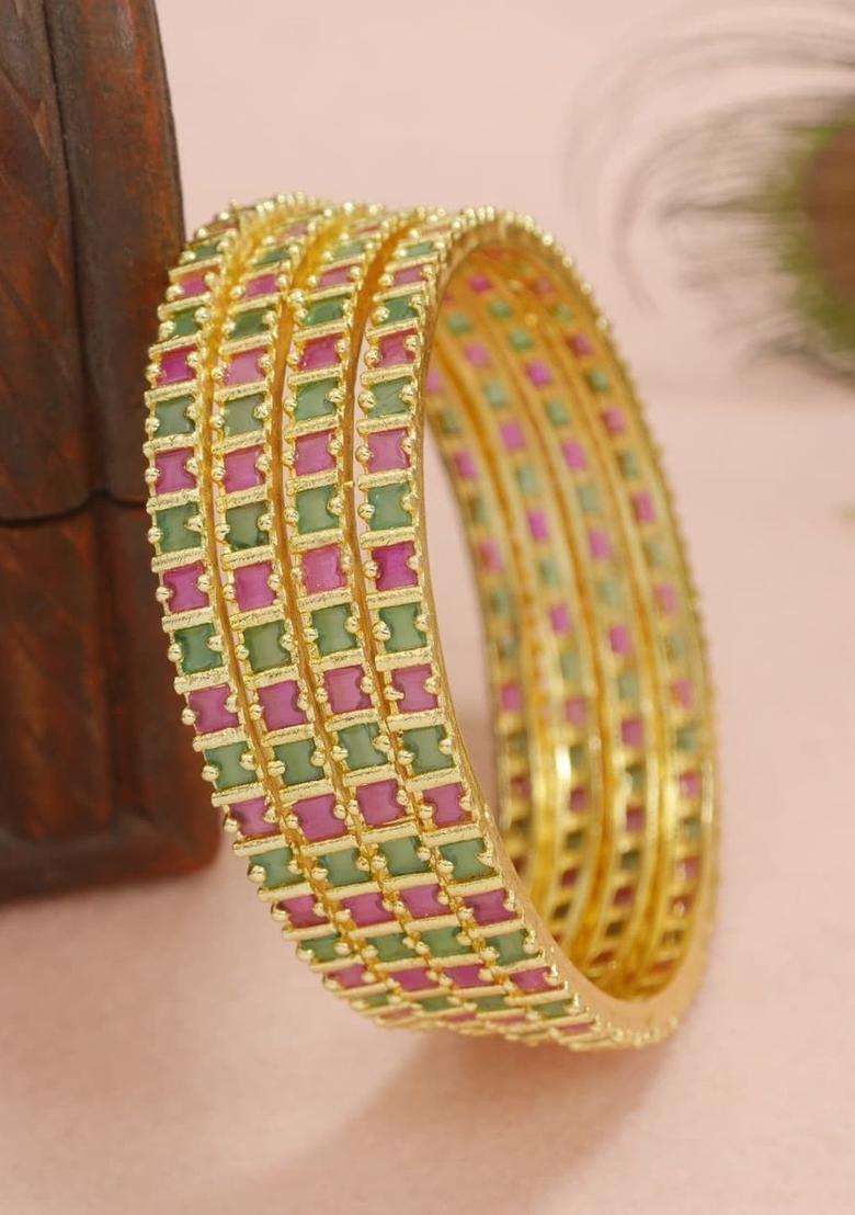 Set of 4 Gold-Plated Temple Stone Studded & Beaded Bangles for Women | Traditional Temple Jewellery for Wedding & Festive Wear | Gift for Her - Indya