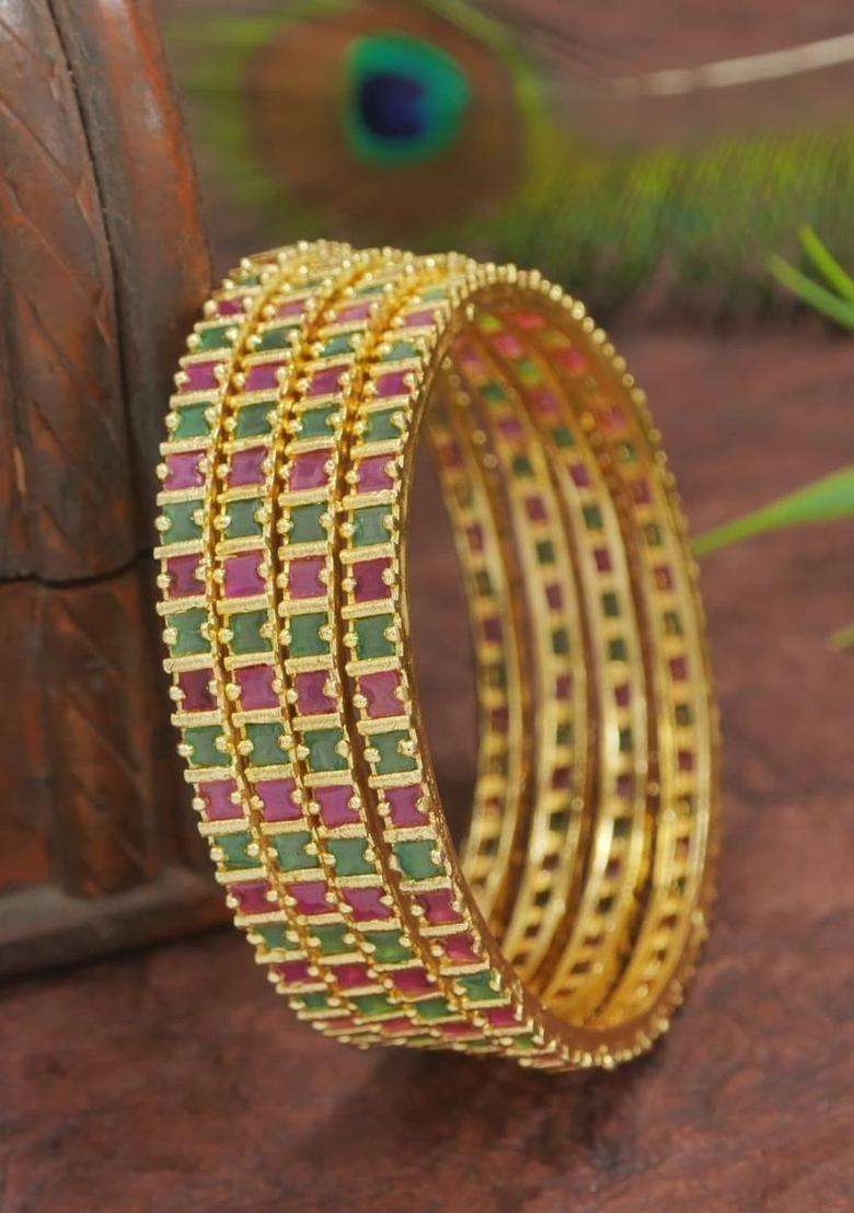 Set of 4 Gold-Plated Temple Stone Studded & Beaded Bangles for Women | Traditional Temple Jewellery for Wedding & Festive Wear | Gift for Her - Indya