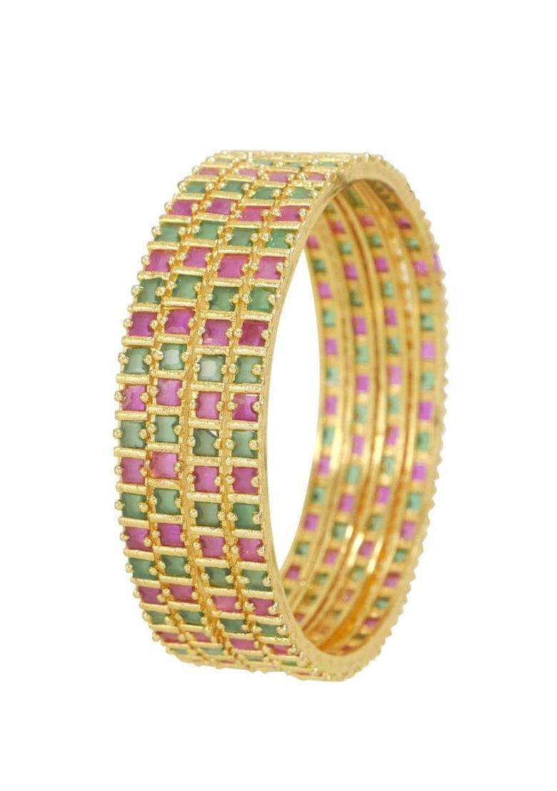 Set of 4 Gold-Plated Temple Stone Studded & Beaded Bangles for Women | Traditional Temple Jewellery for Wedding & Festive Wear | Gift for Her - Indya