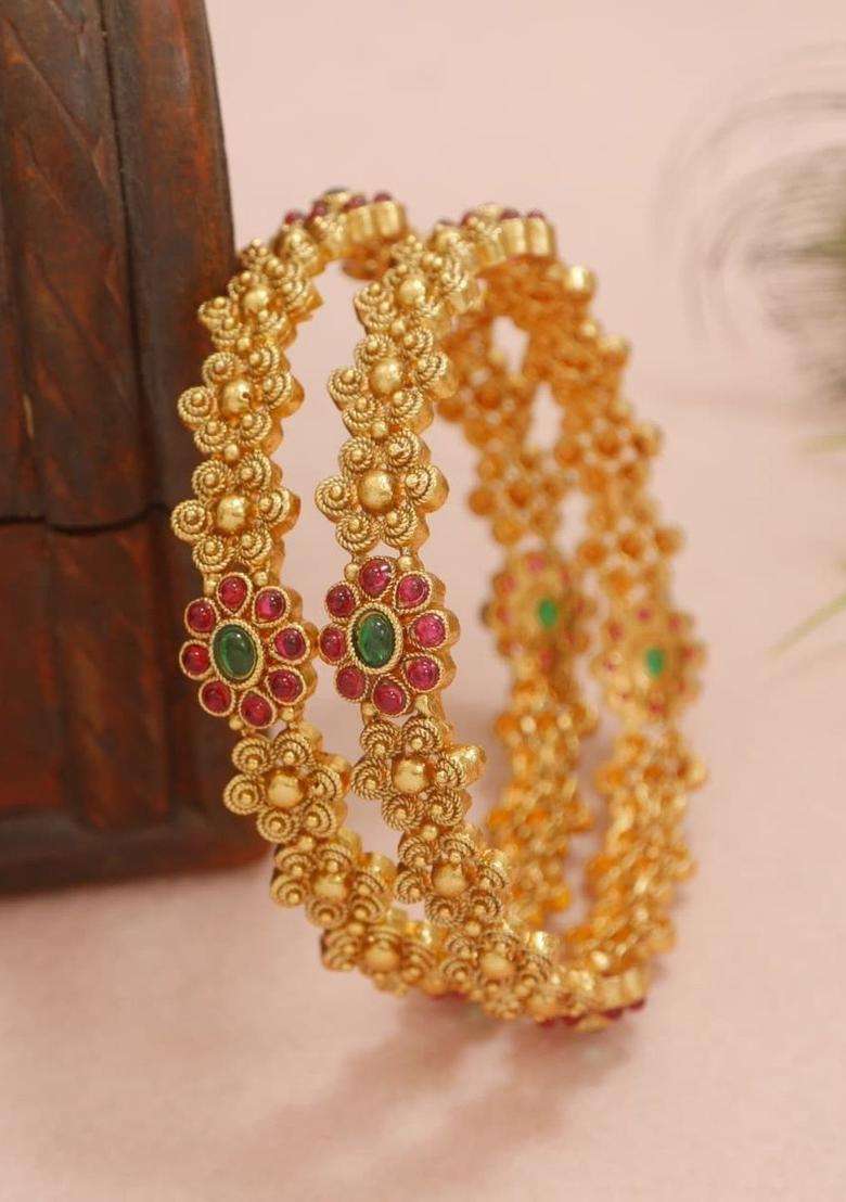 Set of 2 Gold-Plated Temple Stone Studded & Beaded Bangles for Women | Traditional Temple Jewellery for Wedding & Festive Wear | Gift for Her - Indya