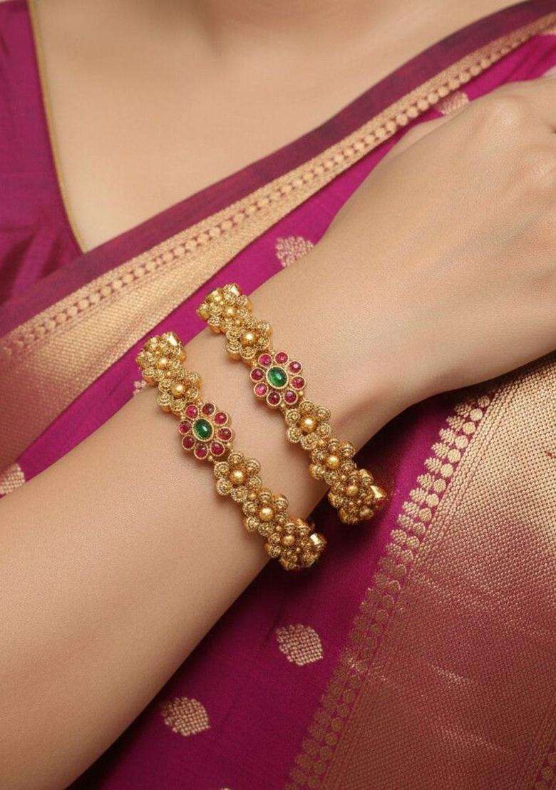 Set of 2 Gold-Plated Temple Stone Studded & Beaded Bangles for Women | Traditional Temple Jewellery for Wedding & Festive Wear | Gift for Her - Indya