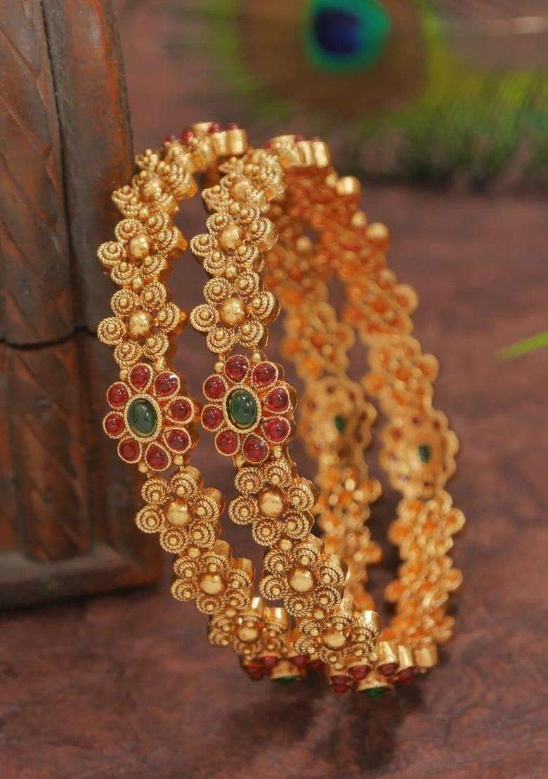 Set of 2 Gold-Plated Temple Stone Studded & Beaded Bangles for Women | Traditional Temple Jewellery for Wedding & Festive Wear | Gift for Her - Indya