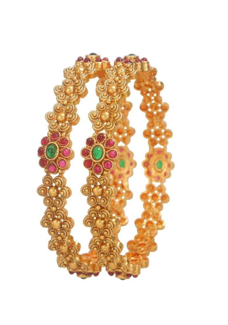 Set of 2 Gold-Plated Temple Stone Studded & Beaded Bangles for Women | Traditional Temple Jewellery for Wedding & Festive Wear | Gift for Her - Indya