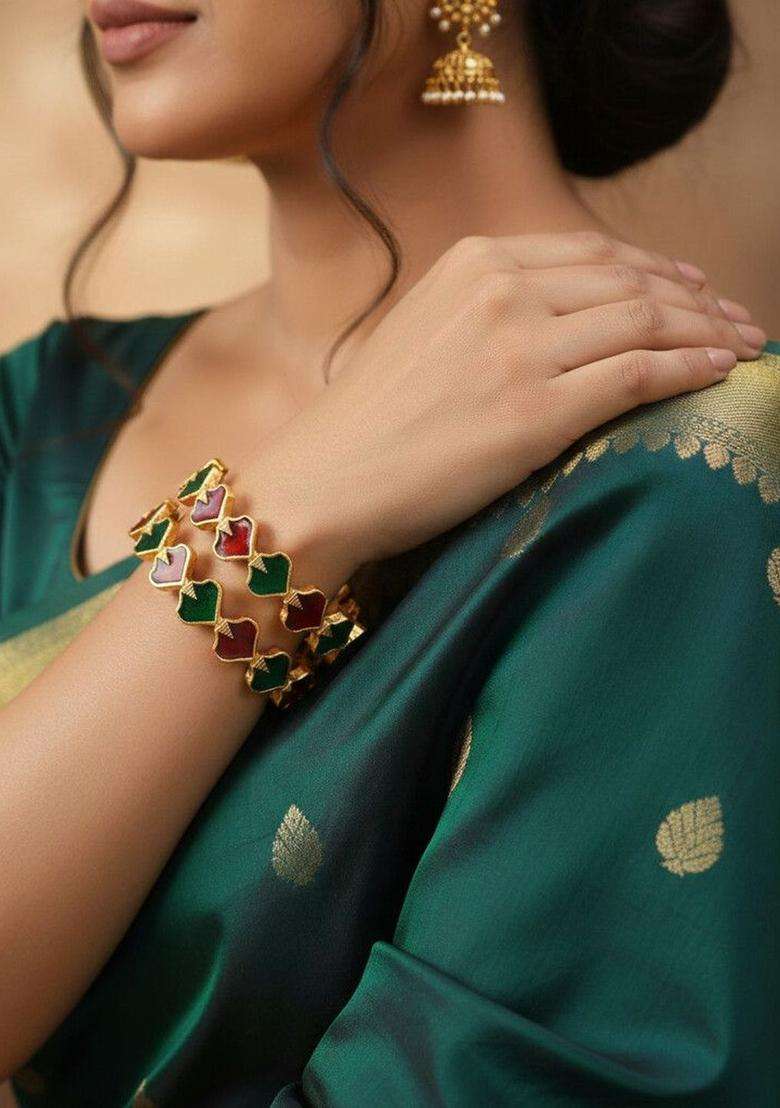 Set of 2 Gold-Plated Temple Stone Studded & Beaded Bangles for Women | Traditional Temple Jewellery for Wedding & Festive Wear | Gift for Her - Indya