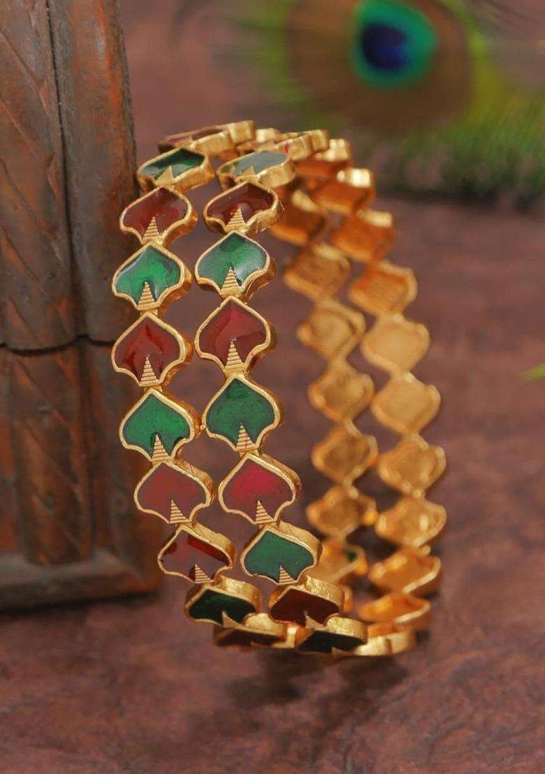 Set of 2 Gold-Plated Temple Stone Studded & Beaded Bangles for Women | Traditional Temple Jewellery for Wedding & Festive Wear | Gift for Her - Indya