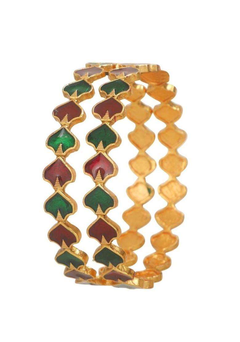 Set of 2 Gold-Plated Temple Stone Studded & Beaded Bangles for Women | Traditional Temple Jewellery for Wedding & Festive Wear | Gift for Her - Indya