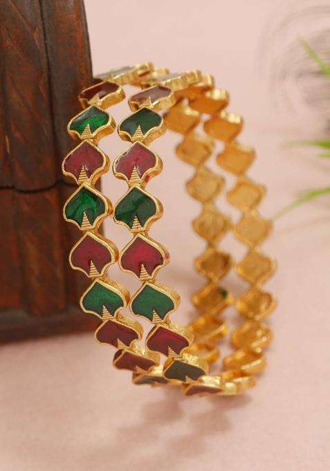 Set of 2 Gold-Plated Temple Stone Studded & Beaded Bangles for Women | Traditional Temple Jewellery for Wedding & Festive Wear | Gift for Her