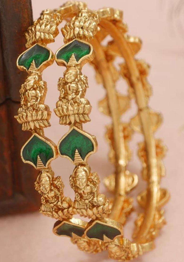 Set of 2 Gold-Plated Temple Stone Studded & Beaded Bangles for Women | Traditional Temple Jewellery for Wedding & Festive Wear | Gift for Her - Indya