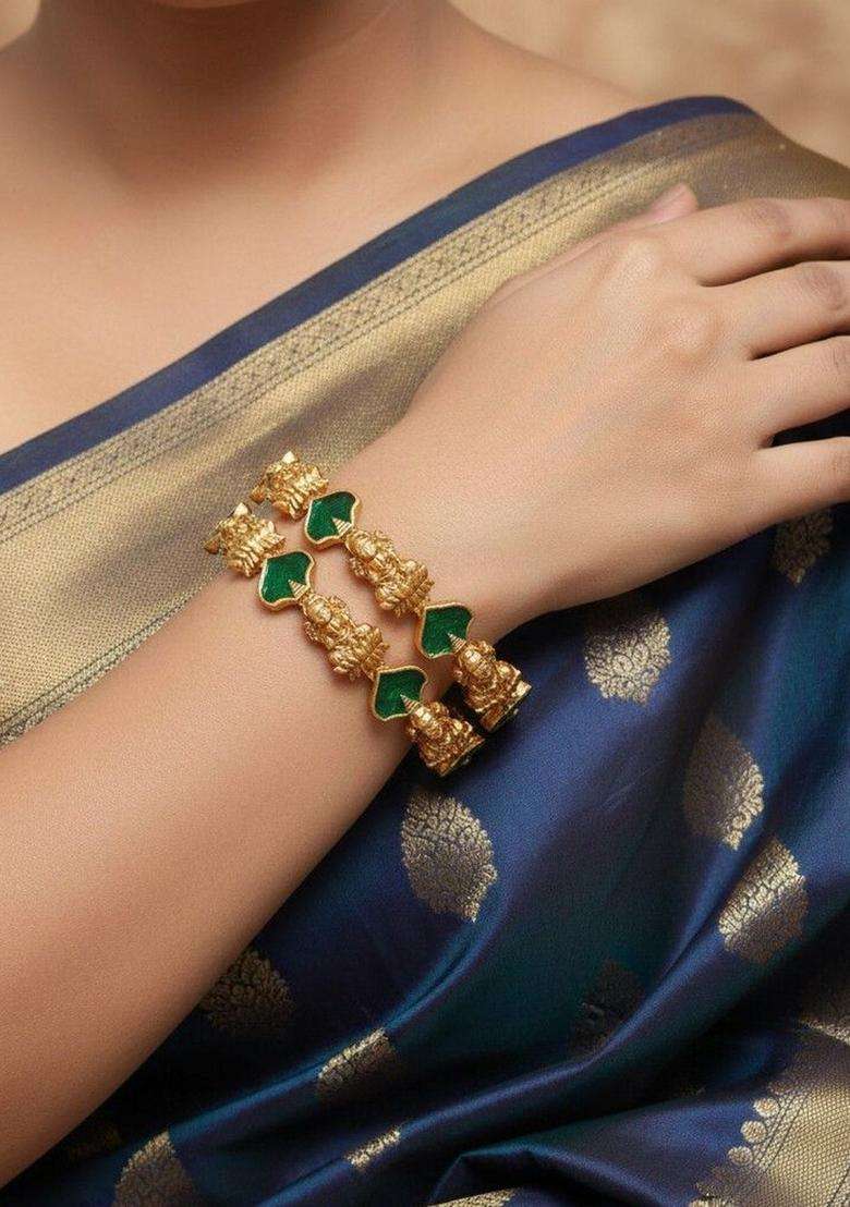 Set of 2 Gold-Plated Temple Stone Studded & Beaded Bangles for Women | Traditional Temple Jewellery for Wedding & Festive Wear | Gift for Her - Indya