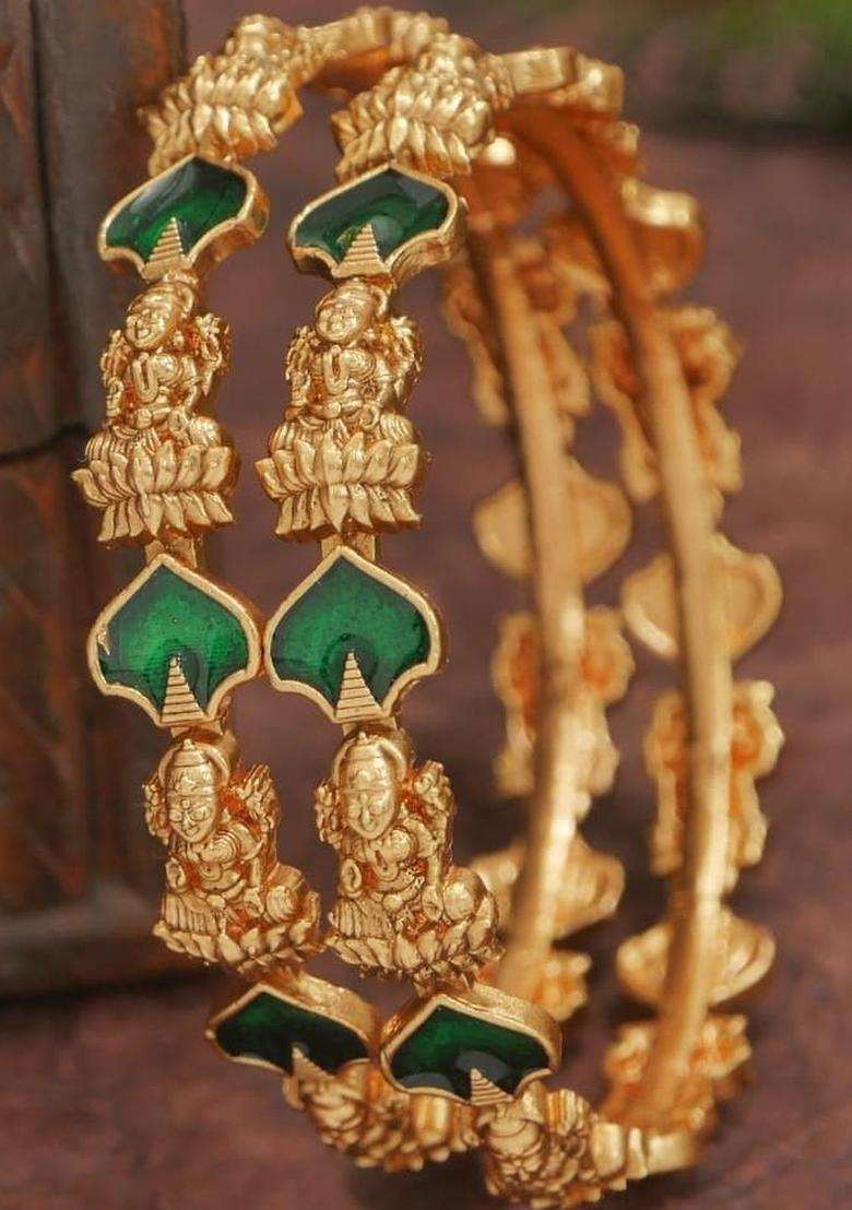Set of 2 Gold-Plated Temple Stone Studded & Beaded Bangles for Women | Traditional Temple Jewellery for Wedding & Festive Wear | Gift for Her - Indya