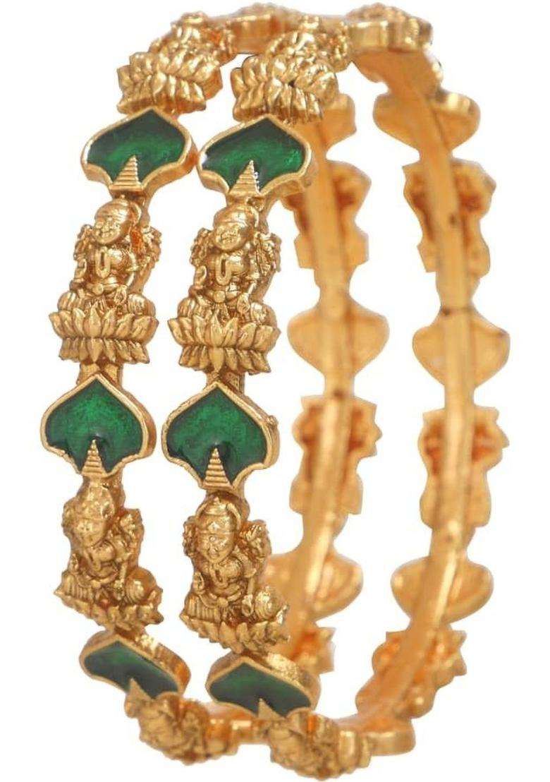 Set of 2 Gold-Plated Temple Stone Studded & Beaded Bangles for Women | Traditional Temple Jewellery for Wedding & Festive Wear | Gift for Her - Indya