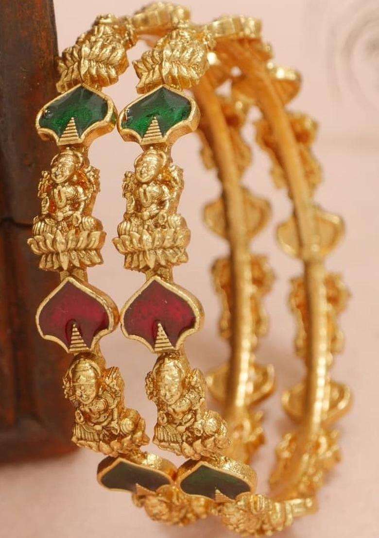 Set of 2 Gold-Plated Temple Stone Studded & Beaded Bangles for Women | Traditional Temple Jewellery for Wedding & Festive Wear | Gift for Her - Indya