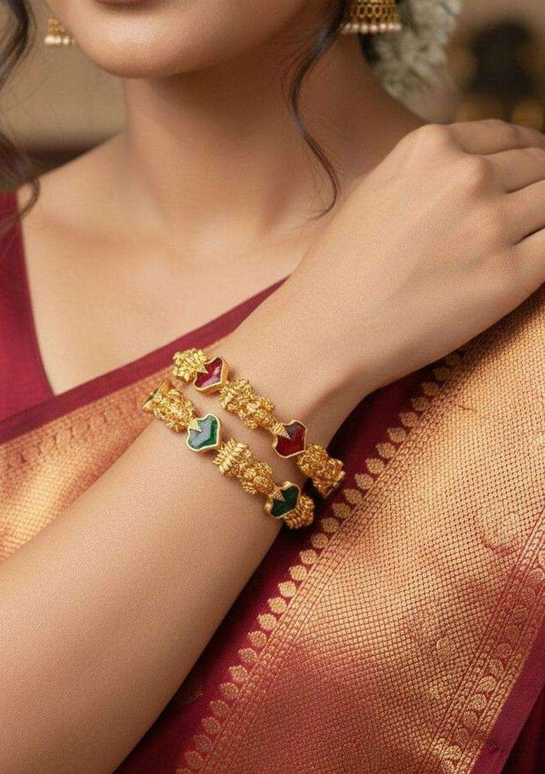 Set of 2 Gold-Plated Temple Stone Studded & Beaded Bangles for Women | Traditional Temple Jewellery for Wedding & Festive Wear | Gift for Her - Indya