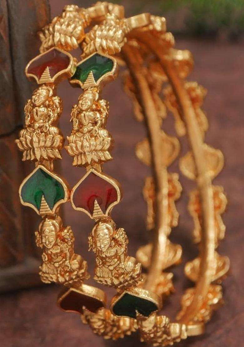 Set of 2 Gold-Plated Temple Stone Studded & Beaded Bangles for Women | Traditional Temple Jewellery for Wedding & Festive Wear | Gift for Her - Indya