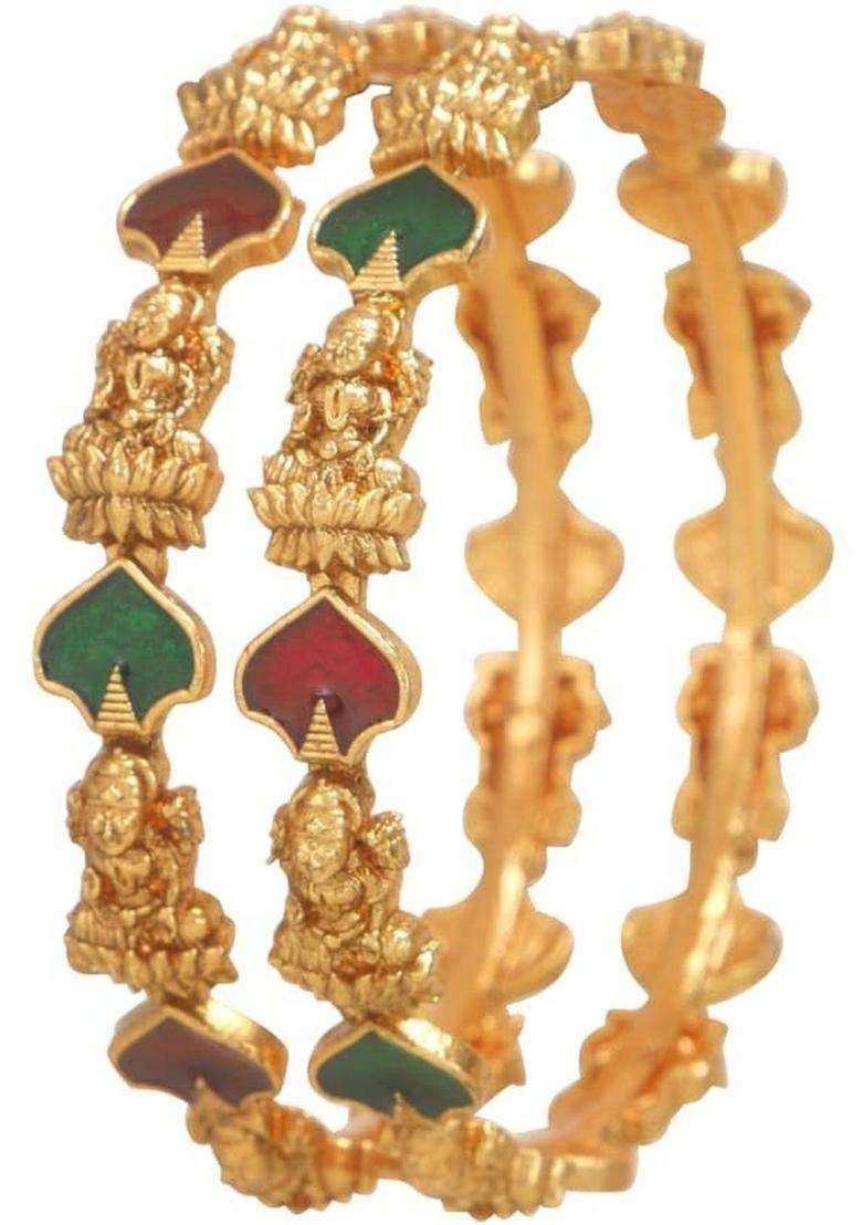 Set of 2 Gold-Plated Temple Stone Studded & Beaded Bangles for Women | Traditional Temple Jewellery for Wedding & Festive Wear | Gift for Her - Indya