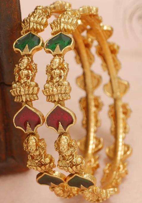 Set of 2 Gold-Plated Temple Stone Studded & Beaded Bangles for Women | Traditional Temple Jewellery for Wedding & Festive Wear | Gift for Her